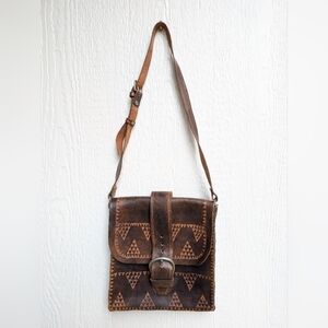 Handmade In Morocco Brown Tooled Leather Purse Handbag Shoulder Bag